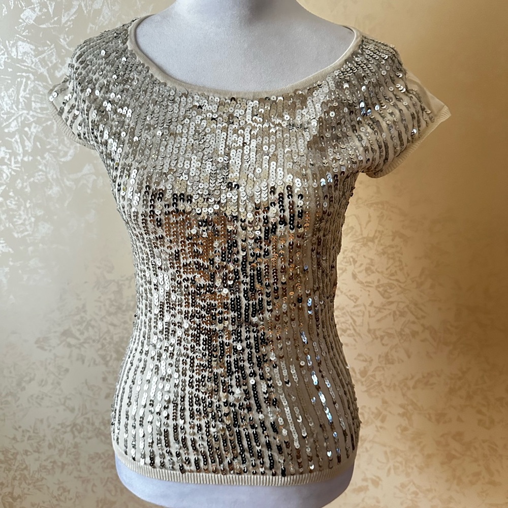 Cache Silver Sequin Fitted Cap Sleeve Blouse - image 1